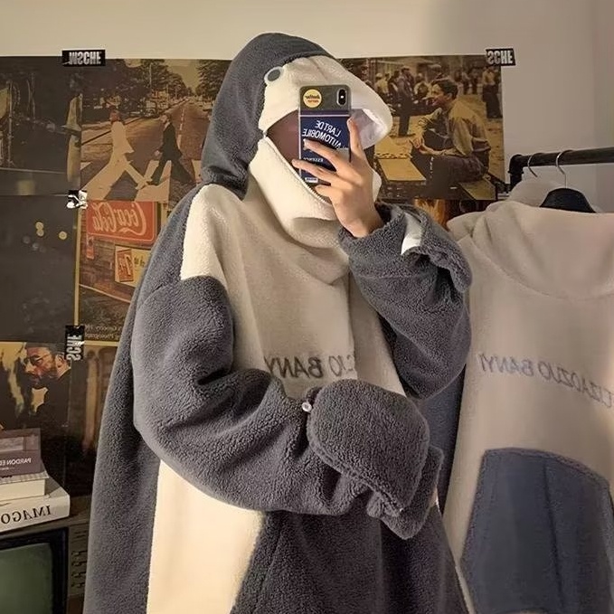 Áo Khoác Nam Dáng Rộng In Hình Cá Mập Phong Cách retro Áo Khoác Hoodie Dáng Rộng Kiểu Hình Ếch Dễ Thương Phong Cách Harajuku Thời Trang Cho Nam Nữ