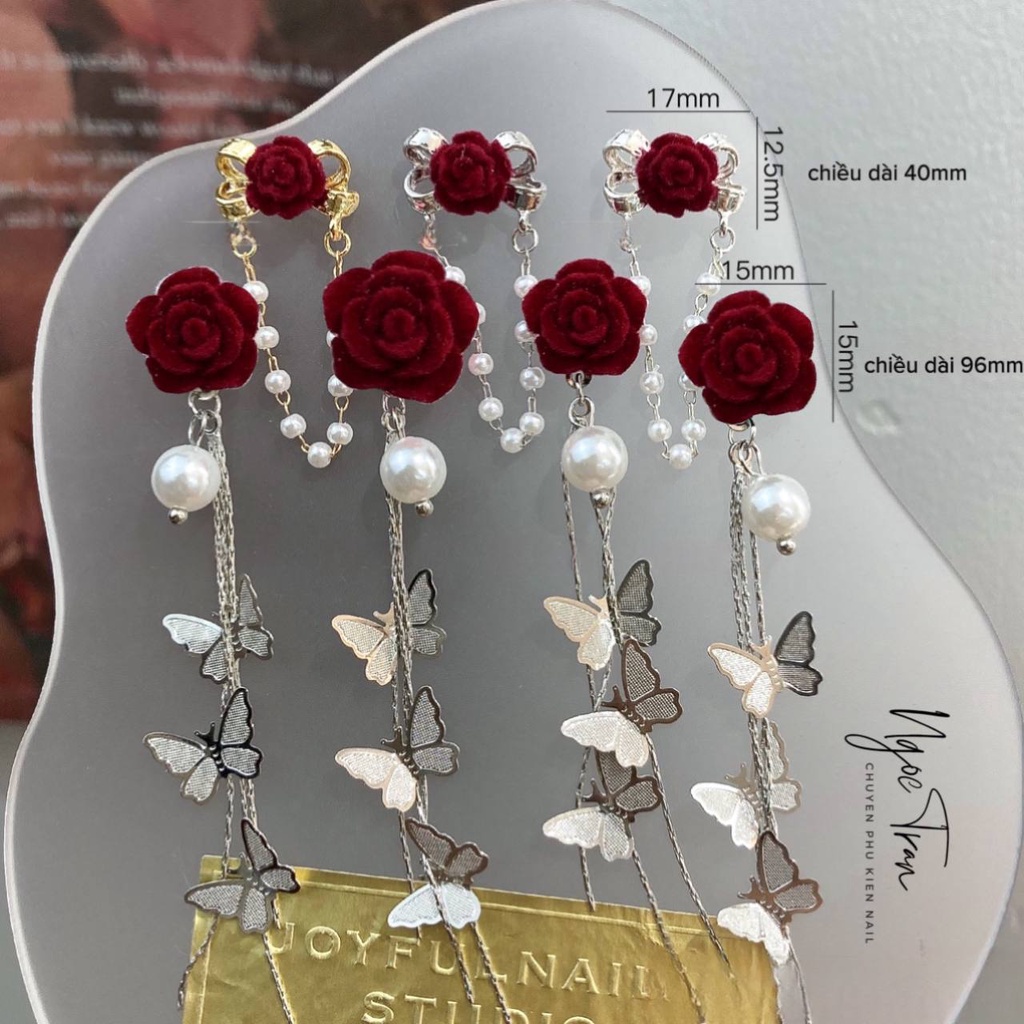 Charm Hoa Hồng Tua Rua Ngọc Trai Đỏ Cao Cấp | Trang Trí Móng Tay