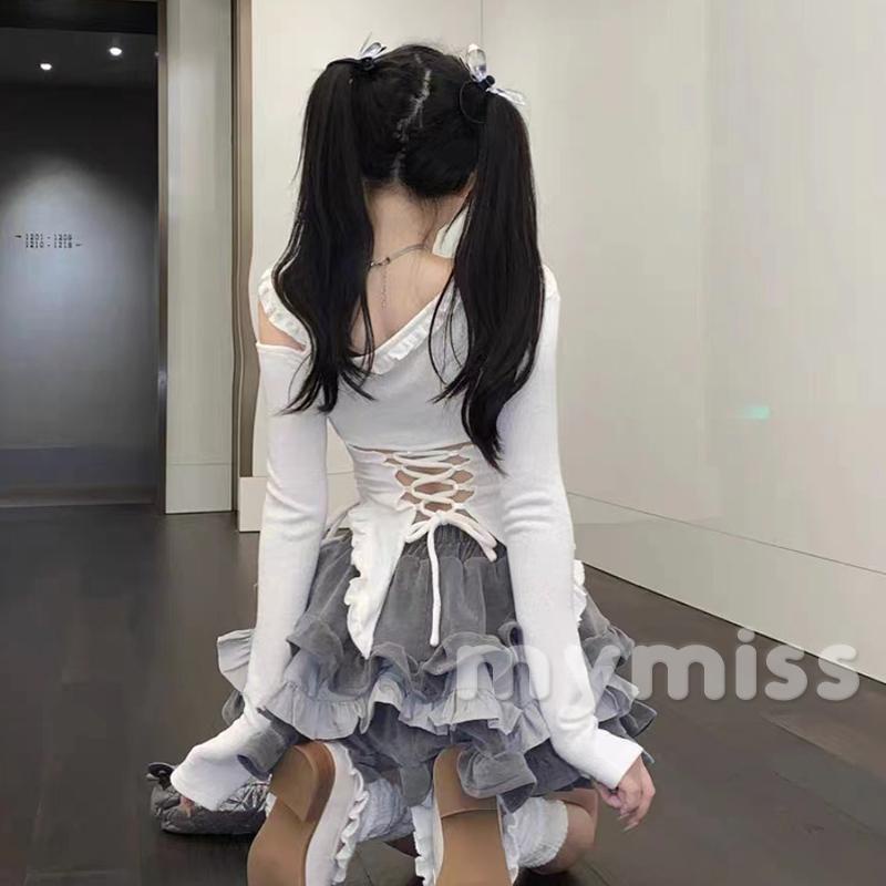 Mymiss1-áo Thun Lạnh Tay Dài Dáng Ôm Hở Vai In Họa Tiết Chữ Thập Và Trái Tim Mùa Xuân Thu Cho Nữ