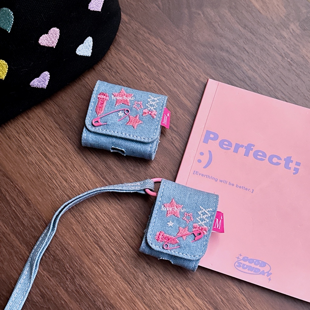 Star Pin Denim Thêu Tai Nghe Cho AirPods 1 2 3 4 Pro 1 2 Tai Nghe Xoay Dây Vòng Tay