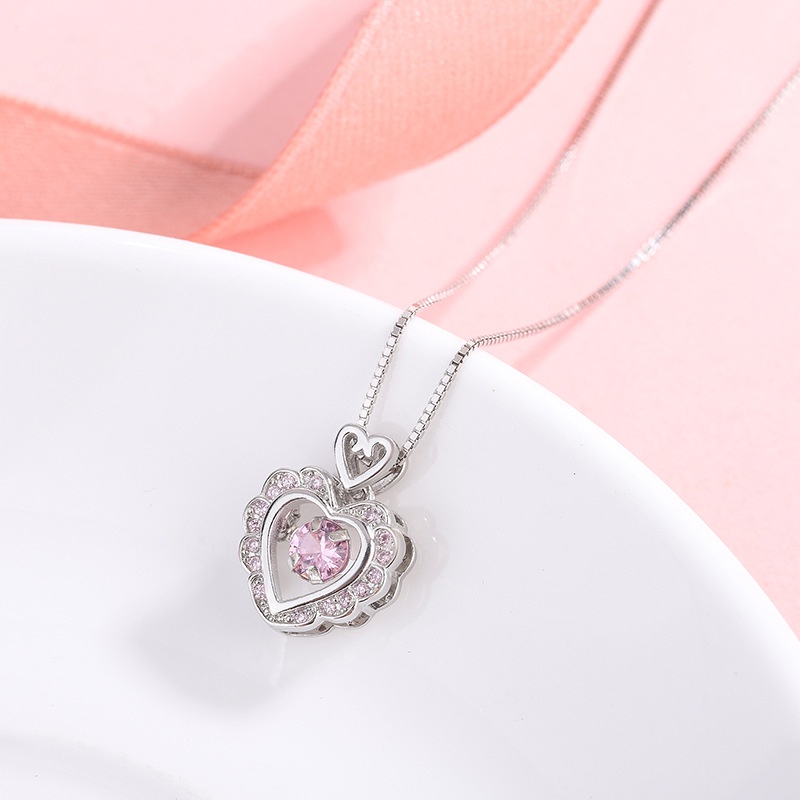 Vòng cổ Mạ Bạc 925 Mặt Trái Tim Đính Đá zircon Hồng Thời Trang