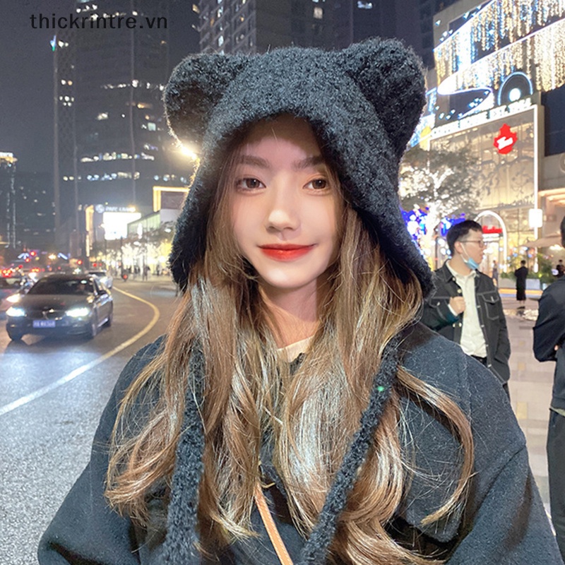 Mũ Len Trùm Tai Giữ Ấm Mùa Đông Hình Tai Gấu Dễ Thương