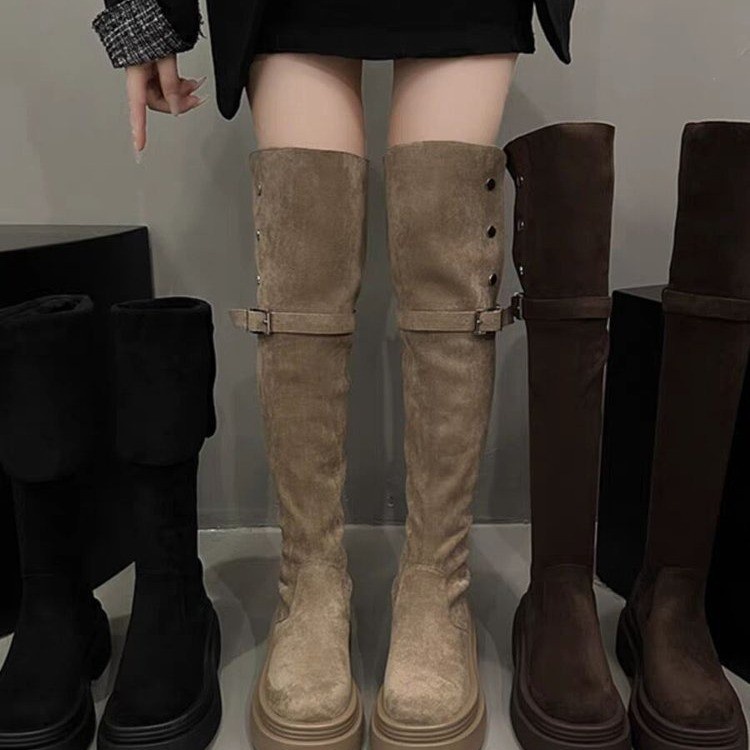 Giày Bốt Cao Qua Gối Bằng Da Lộn Màu Trơn Phong Cách Thu Đông Mới Cho Nữ