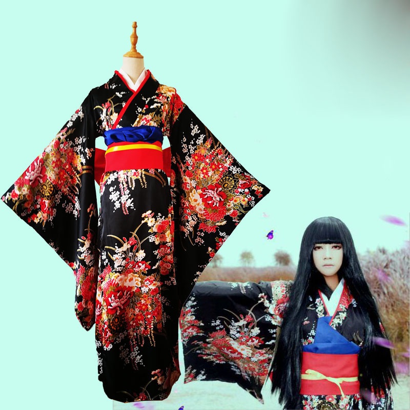 Anime Hell Girl Enma Ai Cosplay Trang Phục Nữ Màu Đen Đóng Dấu Hoa Kimono