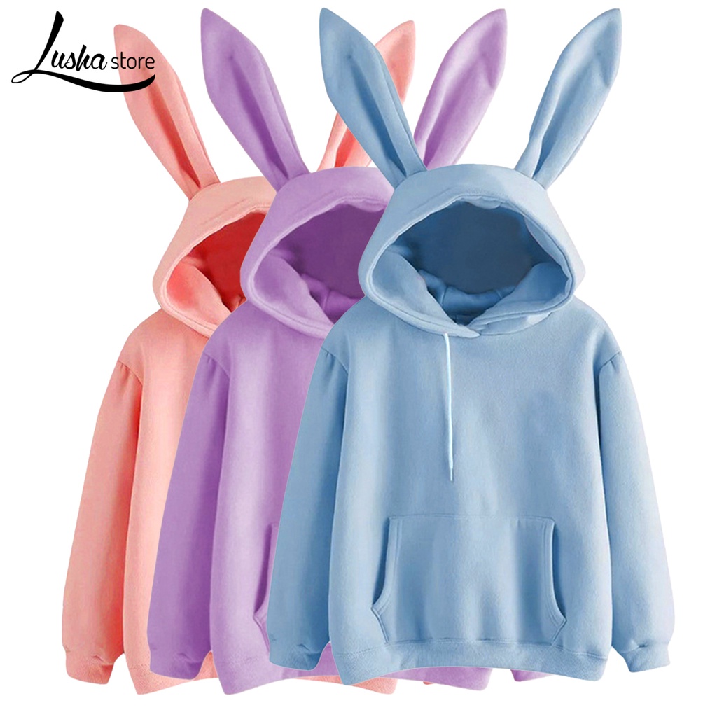Áo hoodie Tai Thỏ Dài Màu Trơn Ấm Áp Dễ Thương Cho Nữ