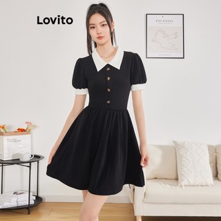 Đầm Lovito tay phồng viền lai bèo cổ tương phản nút trước màu trơn thanh lịch cho nữ L62ED157(màu đen và trắng)