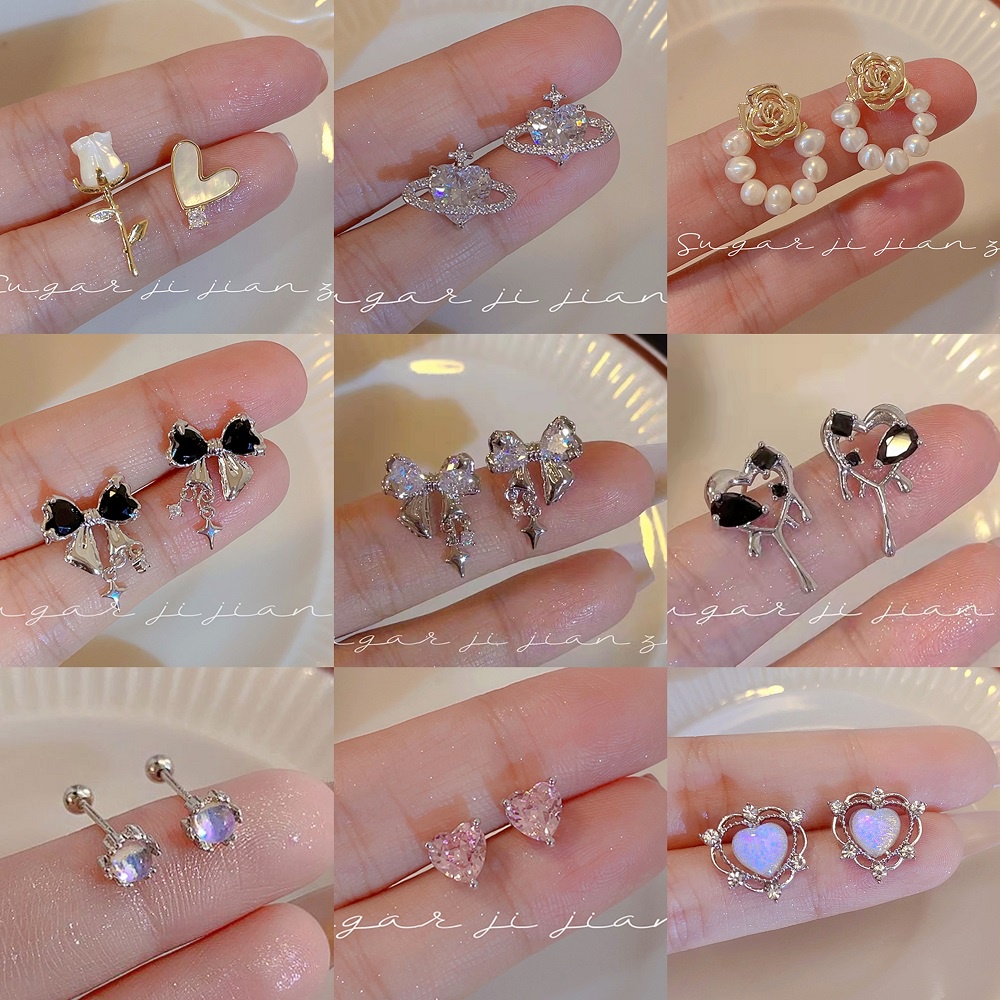 Bông Tai Đính Ngọc Trai Hình Nơ Trái Tim Không Gây Dị Ứng Thời Trang Cho Nữ