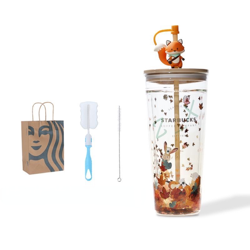 Starbucks Cốc Uống Nước Hai Lớp Dung Tích Lớn Hình Thỏ / Cáo / Lá Cây Có Ống Hút