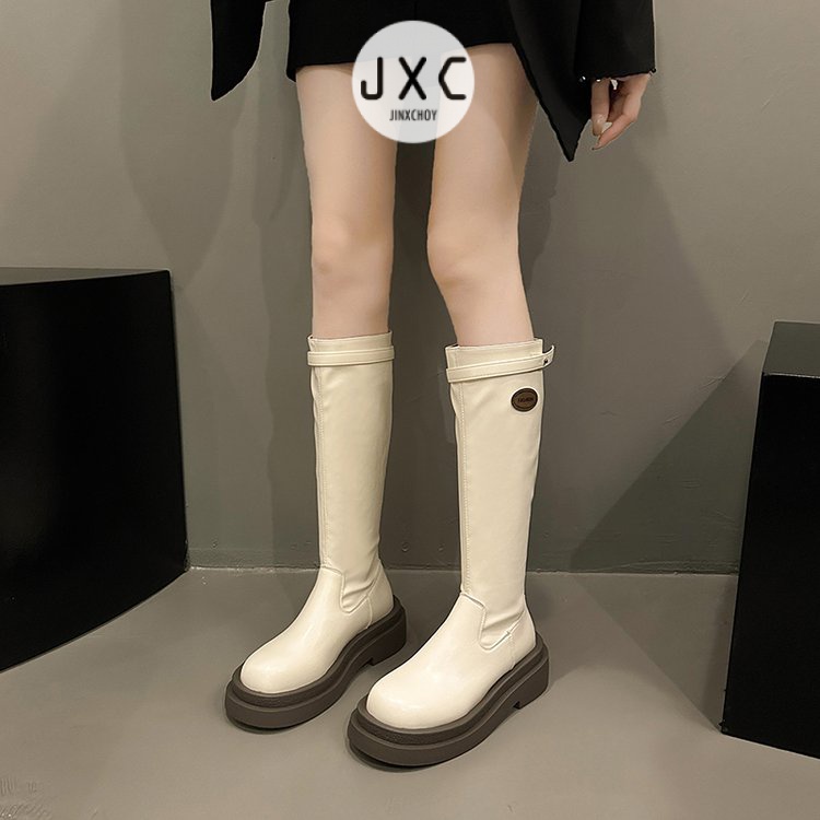 Giày Bốt Da pu Gót Thấp Mũi Tròn Phối Khóa Kéo Sau Phong Cách Anh Quốc Thời Trang Mùa Đông Cho Nữ