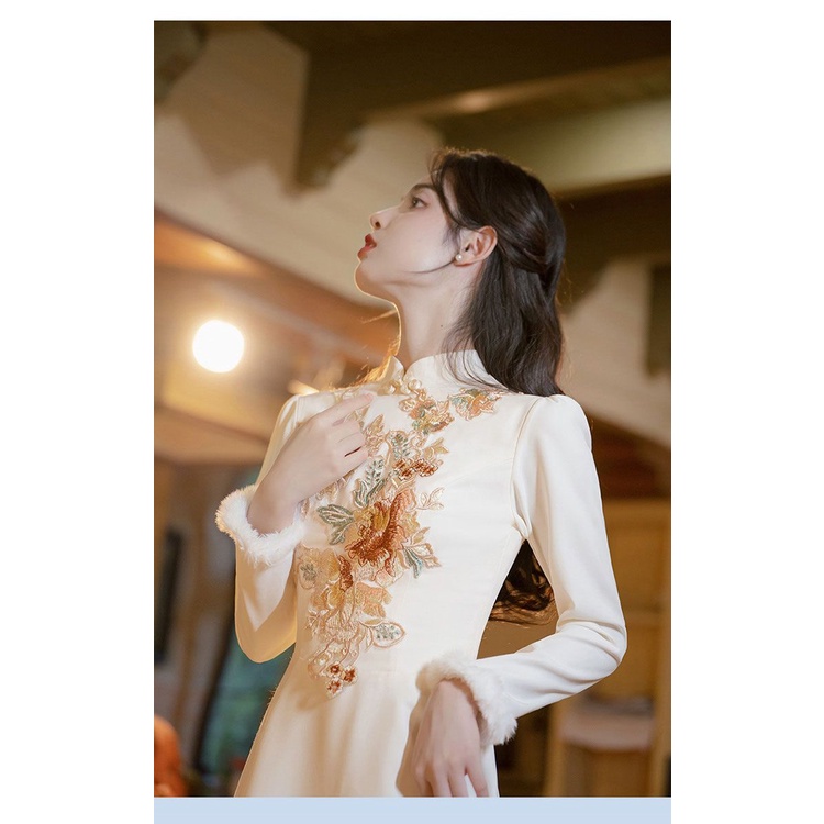 Đầm Sườn Xám Trung Hoa Mỏng Kiểu Mới Mùa Đông Cho Nữ