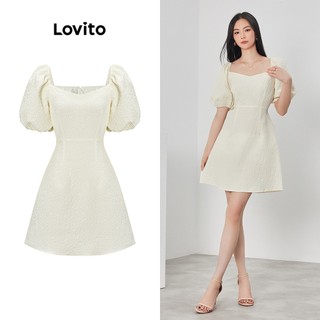 Đầm Lovito cổ vuông tay phồng màu trơn thường ngày cho nữ L62ED125 (Màu trắng)