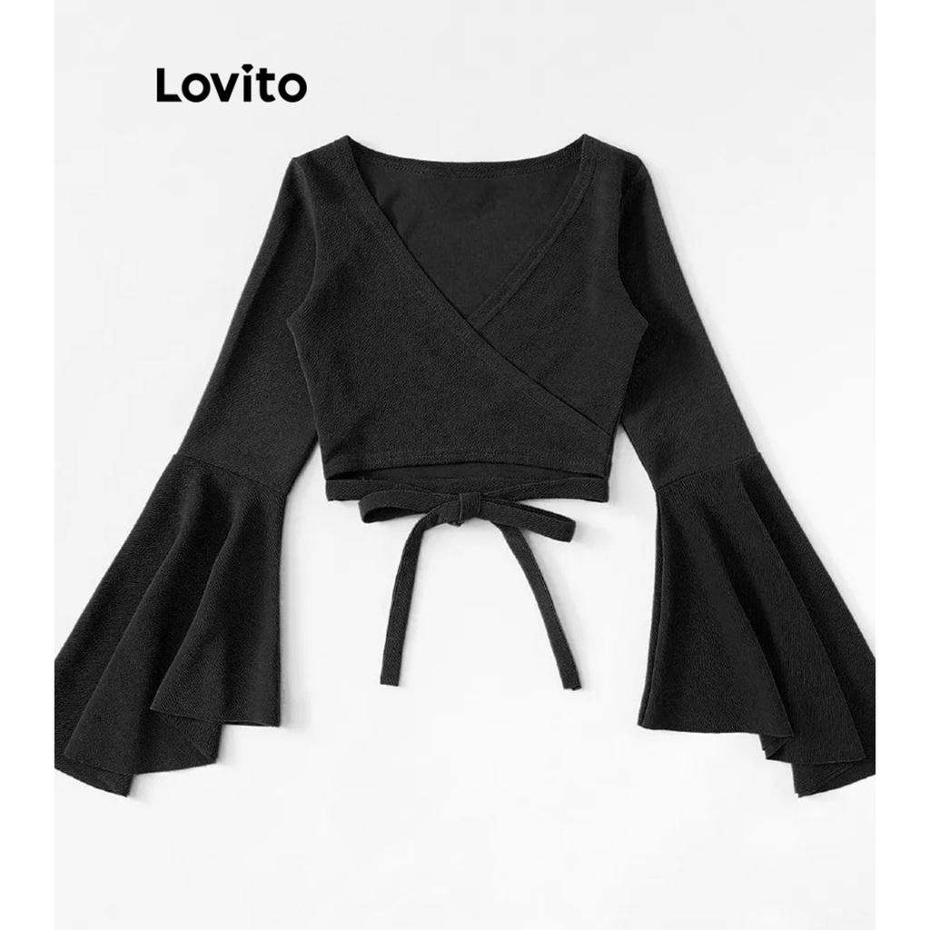 Lovito Áo thun trơn có dây buộc phía trước đơn giản dành cho nữ LNE31198 (Trắng đen)