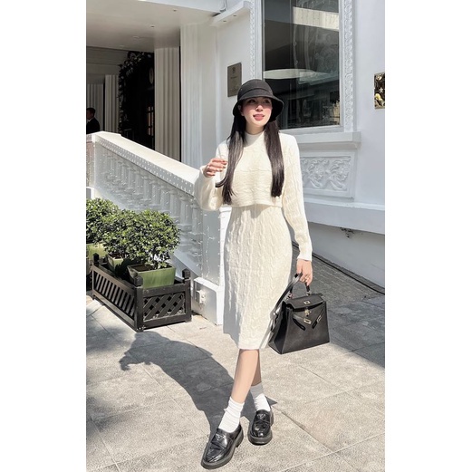 Sét đầm bầu SVL785 đầm len thừng sát nách kèm áo len croptop dài tay Tira Mama