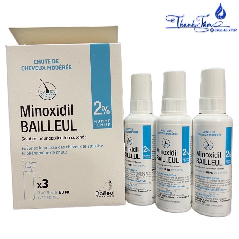Xịt chống rụng, kích thích mọc tóc Minoxidil Bailleul của Pharmacie Pháp ( 2% + 5% ) 3x60ml [ New ]