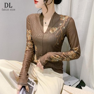 Miou Áo lưới cổ chữ V kiểu Pháp có tay dài Áo thun nữ đẹp định vị vừa vặn, áo sơ mi đáy in phong cách cao cấp