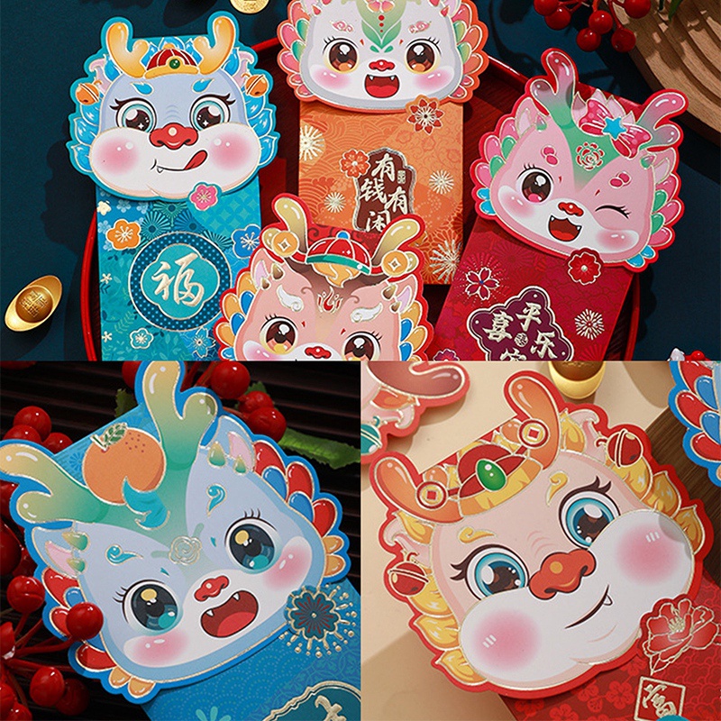 Set 4 Bao Lì Xì Hình Rồng Đỏ Hoạt Hình Phong Cách Trung Hoa Dành Cho Năm Mới 2024