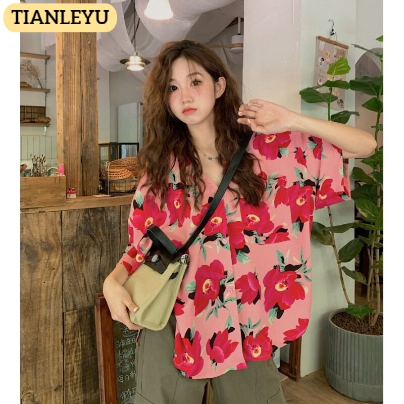 TIANLEYU Áo Sơ Mi ngắn tay In Hoa Kiểu Hàn Quốc Dễ Thương Cho Nữ 16Z23041014