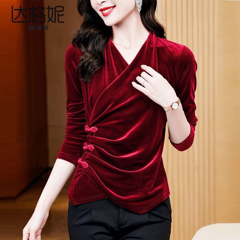 Áo Sơ Mi Nhung Tay Dài Cổ Chữ v Phong Cách Trung Hoa Thời Trang Mùa Thu Cho Nữ