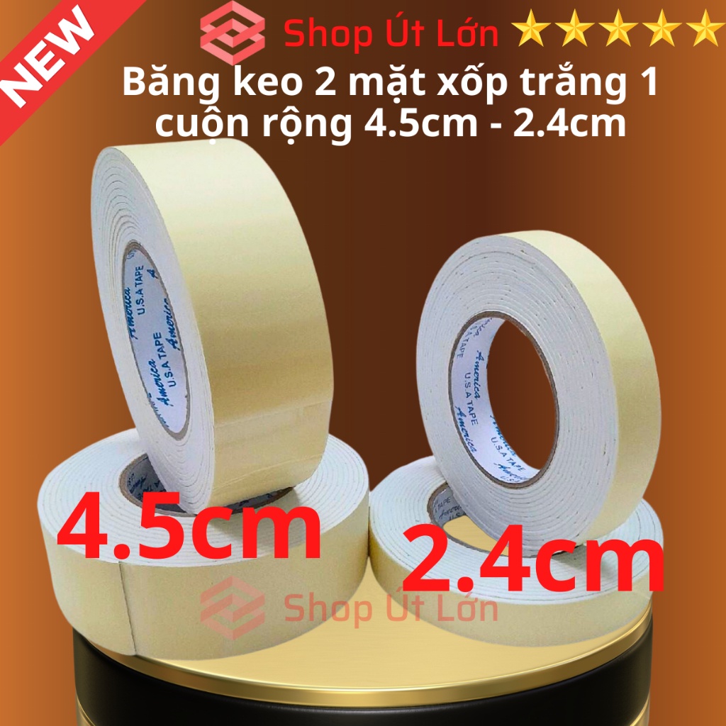 Băng keo 2 mặt xốp trắng, 1 cuộn rộng 2,4cm - rộng 4,5 cm, dầy 1mm, dài 6 mét, lõi giấy 3mm.