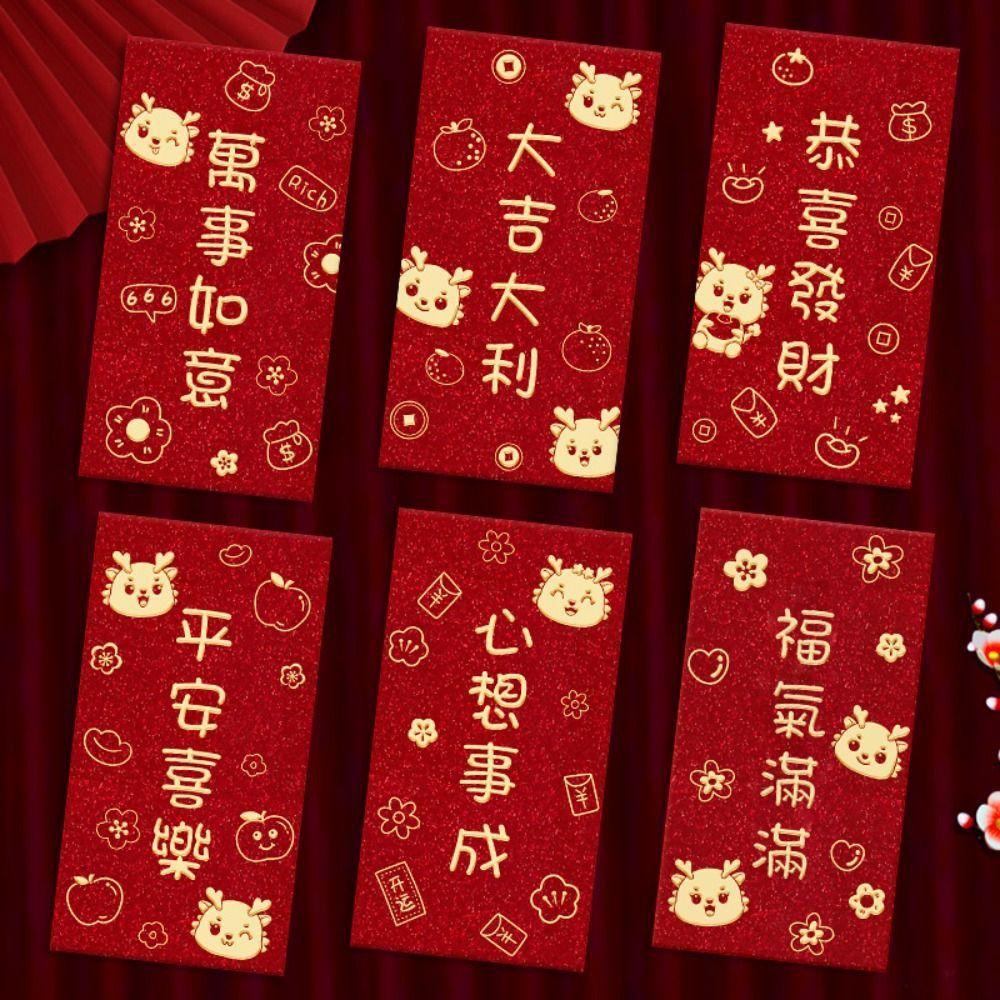 Set 6 Bao Lì Xì Năm Mới 2024 Họa Tiết Rồng Đỏ Phong Cách Trung Hoa