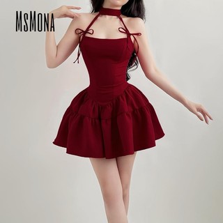 MsMona Nữ Thời Trang Mới Vintage Nơ Đỏ Dây Đeo Cổ Đầm