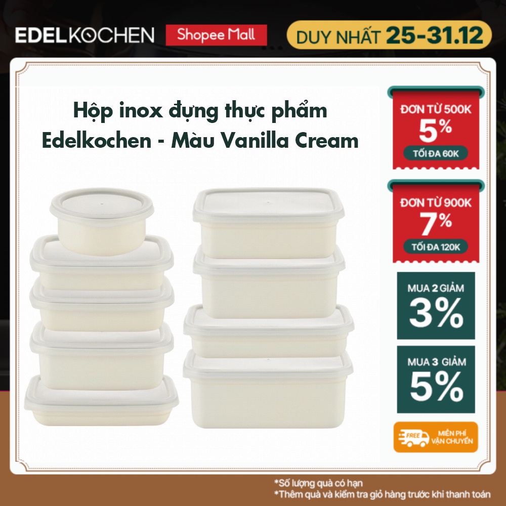 Hộp đựng thực phẩm, trữ đông inox 304 Edelkochen Edellock Collection – Màu Vanilla Cream