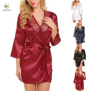GORGEOUS~Robe Gown Bathrobe Homewear Nightgown Sexy Satin Robes Summer V Neck Women