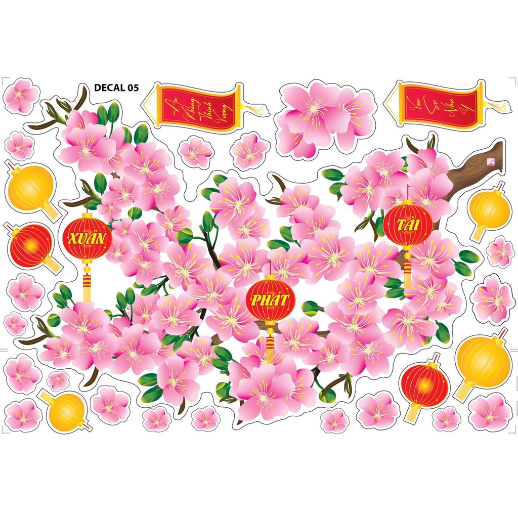 Decal dán kính dán tường trang trí tết mừng xuân mới MẪU 5 ĐÀO XUÂN PHÁT TÀI
