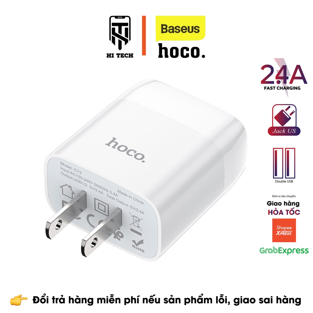 Cốc sạc nhanh HOCO C73, sạc nhanh 2.4A 2 cổng USB,chất liệu PVC phích cắm tiêu chuẩn US.