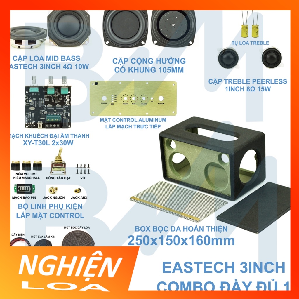 [NGHIỆN LOA] Combo chế loa bluetooth đầy đủ 2.0 2x25W dáng Acton - củ loa Eastech 3inch - treble Pee