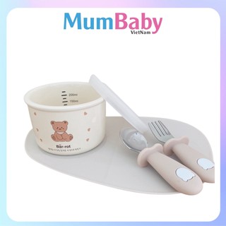 Bát sứ ăn dặm cho bé có vạch chia Hàn Quốc nắp Silicon dung tích 200ml - MumBaby