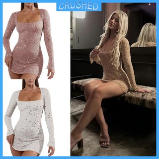 Đầm Mini Tay Dài Cổ Vuông Đính Đá Thời Trang Cho Nữ