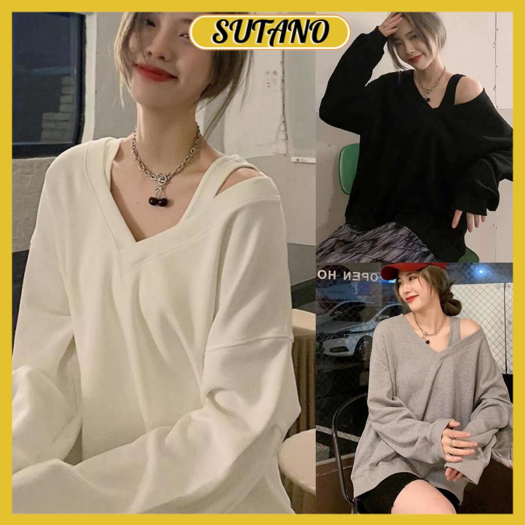 Áo nỉ sweater trễ vai 1 bên dáng rộng phối dây trẻ trung phong cách hàn quốc,áo kiểu nữ chất nỉ cotton đẹp A128 SUTANO