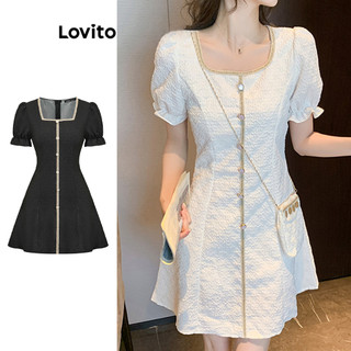 Lovito Đầm thường ngày Nút ràng buộc tương phản trơn Đầm tay phồng cho nữ LNE19053 (Nhiều màu)