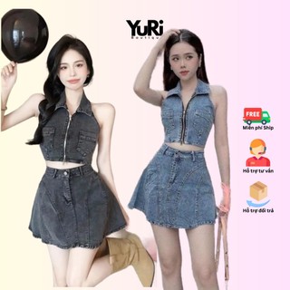 Set chân váy và áo yếm dây kéo denim - set 2 món áo yếm cổ somi kèm chân váy - yuri 2018