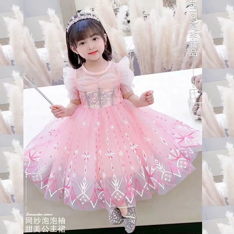 Đầm Công Chúa elsa Tay Ngắn Phối Lưới Thời Trang 214 Cho Bé Gái