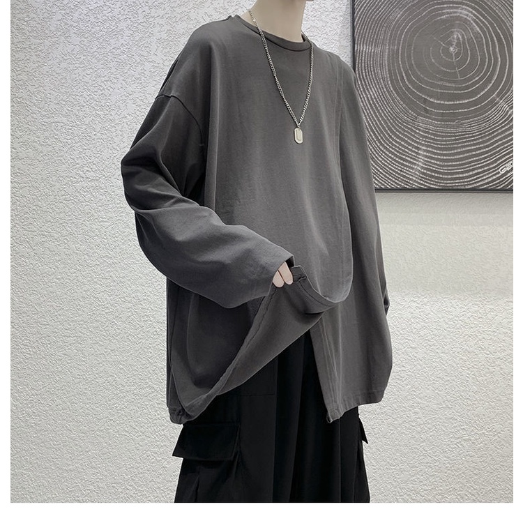 Áo Thun Tay Dài Dáng Rộng Xẻ Tà Kiểu Hồng Kông Cá Tính Cho Nam