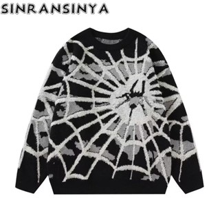 Sinransinya Áo sweater Dệt Kim Dáng Rộng In Họa Tiết Nhện Cao Cấp Phong Cách retro Đường Phố Mỹ Thời Trang Cho Nam