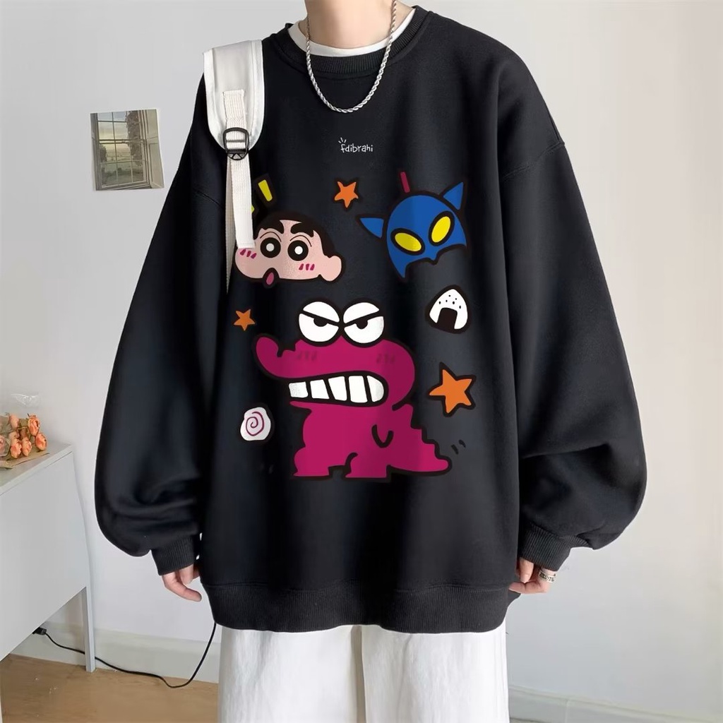 Áo sweater nam bigsize M-8XLÁo Sweater cotton Nhung Dày Tay Dài Cổ Tròn In Hoạt Hình Cậu Bé Bút Chì Shin Thời Trang Mùa Thu Cho Nam