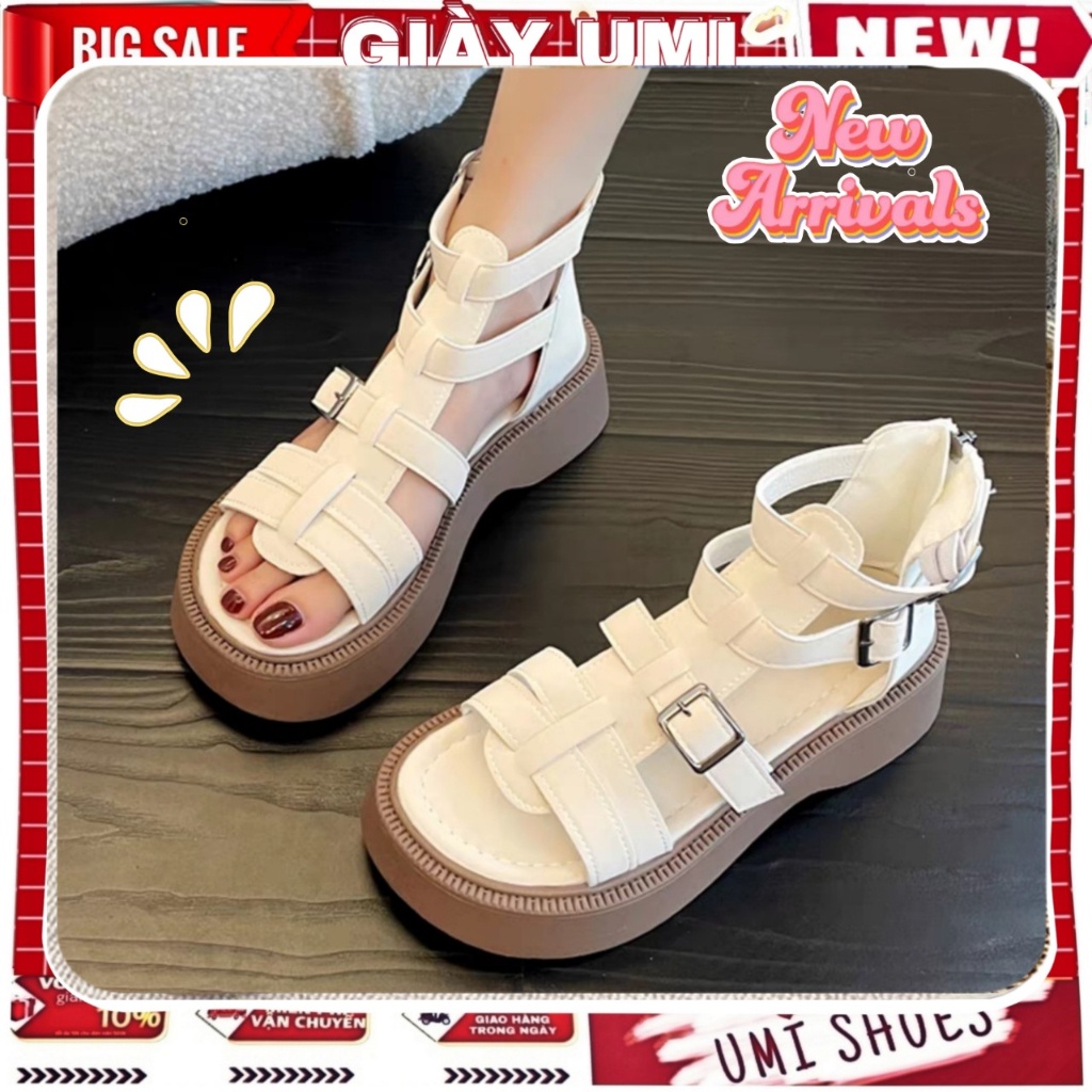 GIÀY SANDAL NỮ ATHENA cổ cao kéo khóa sau Hàn Quốc quai hậu Màu Đen/Kem Xang đan hot mới biển đi học