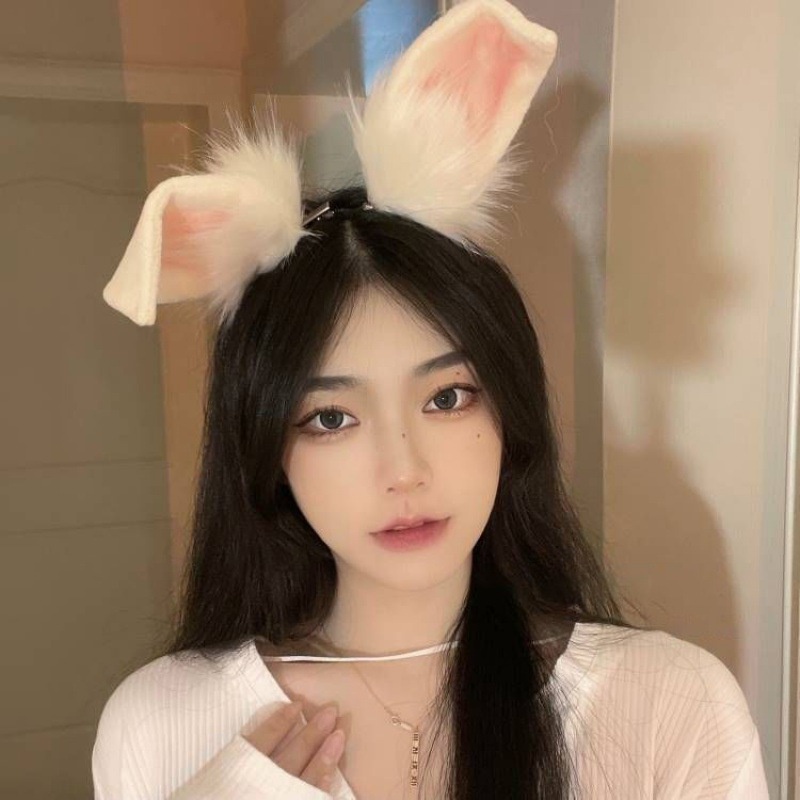 Băng Đô Cài Tóc Đính Tai Thỏ Giả Bằng Lông Nhung Phong Cách lolita sq3