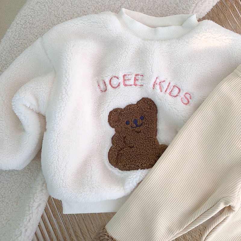 Bộ Đồ Hai Mảnh Lót Nhung Lông Cừu Dày Dặn Dễ Thương Thời Trang Thu Đông 2021 Cho Bé Trai Và Bé Gái