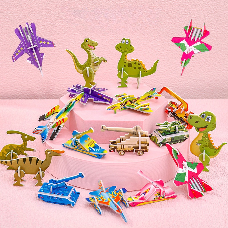 Set 10 Mô Hình Đồ Chơi Máy Bay / Xe Hơi / Khủng Long Hoạt Hình 3d Bằng Giấy Cứng Dành Cho Trẻ Em