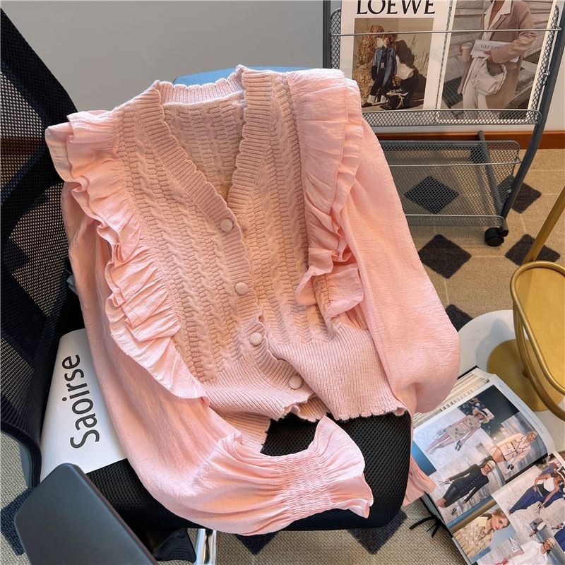 Áo Khoác cardigan Dệt Kim Phối Voan Nhún Bèo Ngọt Ngào Thời Trang Cao Cấp