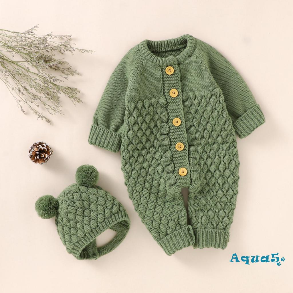 Aqua-bộ 2 Món Áo Liền Quần Dệt Kim Tay Dài Màu Trơn + Mũ Gấu Thời Trang Mùa Đông Cho Bé