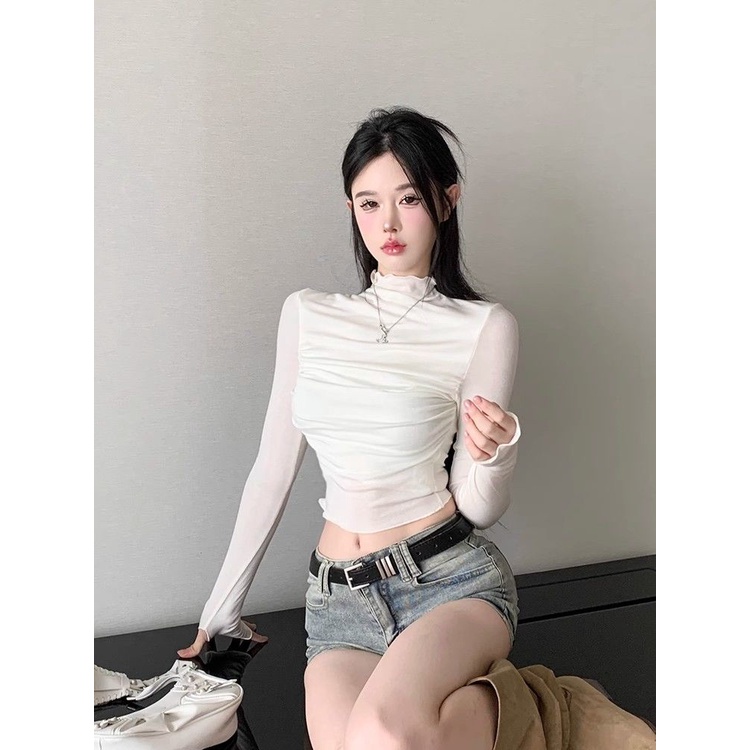 Áo Thun Tay Dài Cổ Cao Ôm Dáng Phong Cách Mỹ Thời Trang Mùa Thu Cho Nữ