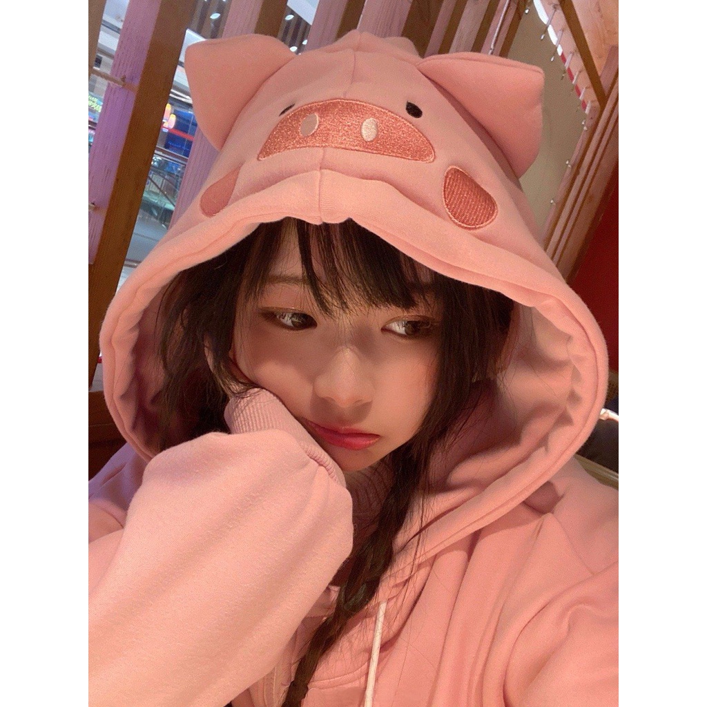 Áo Hoodie Nhung Dày Dặn Dáng Rộng Thêu Hình Chú Heo Dễ Thương Thời Trang Thu Đông Cho Nữ