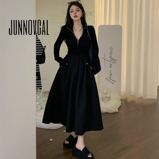 Junnovgal đầm midi nữ tay dài cổ chữ v màu trơn dáng ôm thời trang 2023