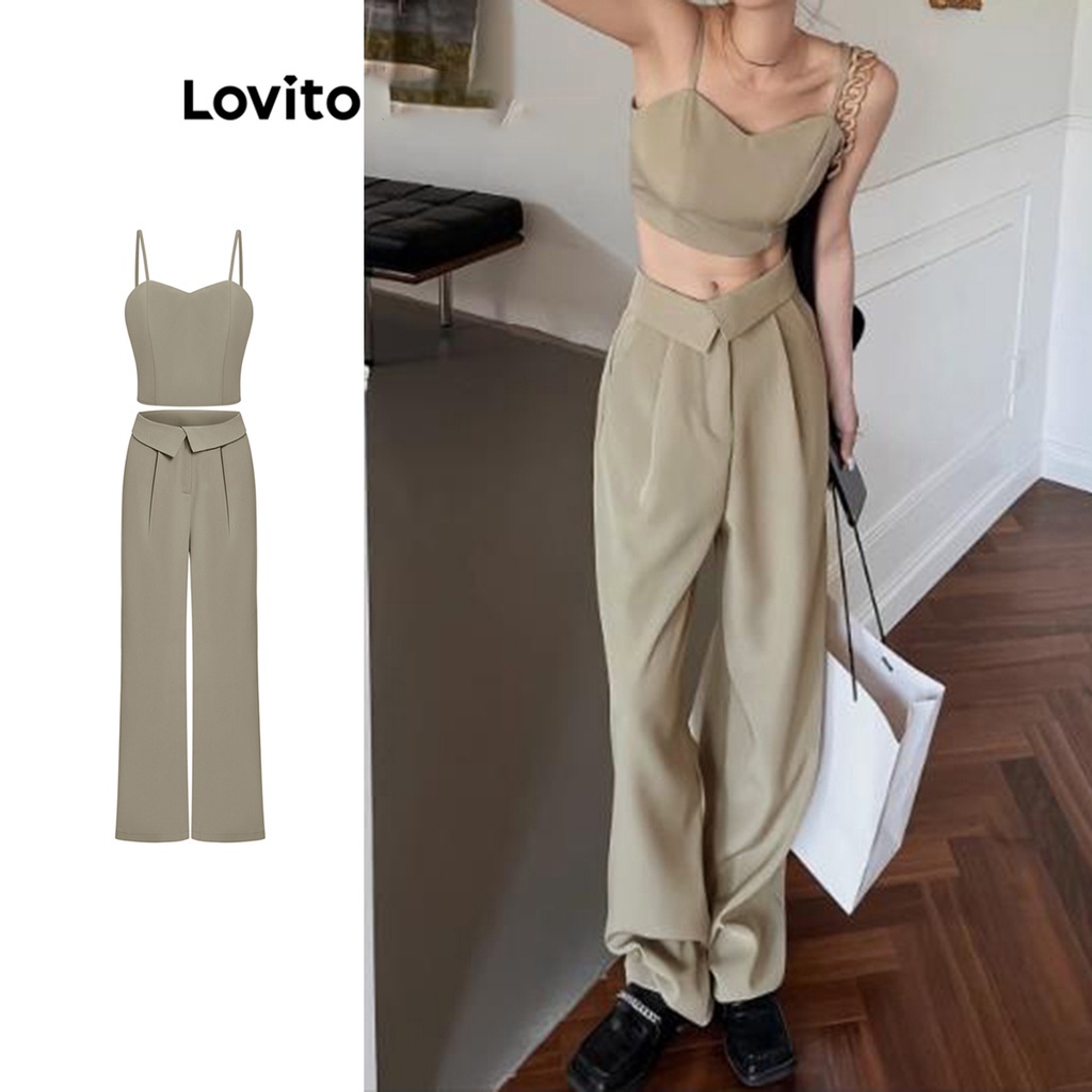 Lovito Bộ quần cơ bản xếp nếp trơn đơn giản cho nữ L62ED119 (Áo/Quần)