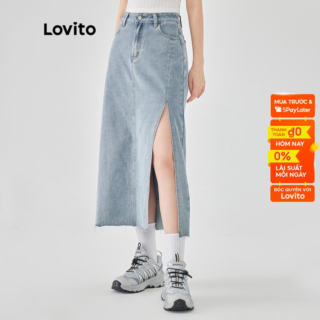 Chân váy denim midi Lovito kiểu chữ A xẻ đùi màu trơn thường ngày cho nữ L49AD114 